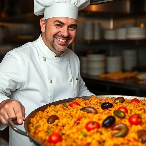 El chef de Casa de la Paella mostrando una paella reci&eacute;n hecha