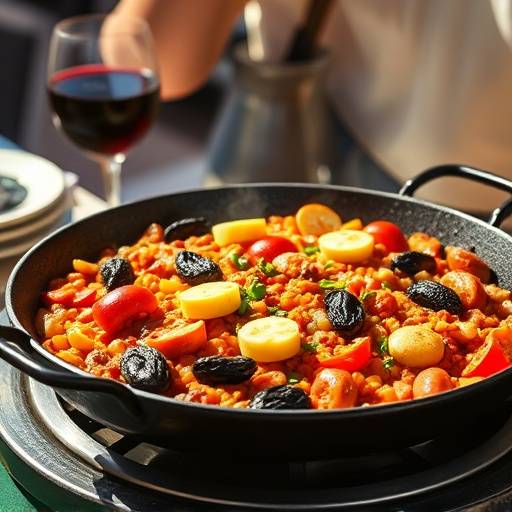 Paella valenciana tradicional servida en una paellera de hierro