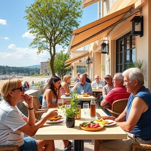 Un grupo de clientes disfrutando de una comida en la terraza del restaurante