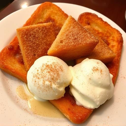 Un plato con Torrijas, rebanadas de pan fritas y espolvoreadas con az&uuml;car y canela, servidas con una bola de helado de vainilla.