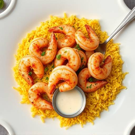Un plato de Arroz a Banda con Calamares, con arroz amarillo brillante y trozos de calamar, acompa&ntilde;ado de una cucharada de alioli.