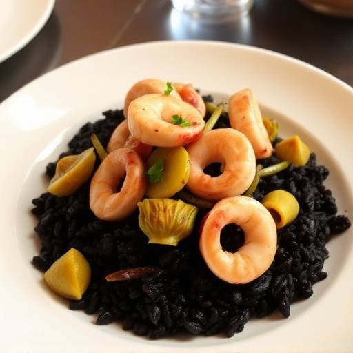 Un plato de Arroz Negro con Sepia y Alcachofas, con arroz negro brillante adornado con trozos de sepia y alcachofas caramelizadas.