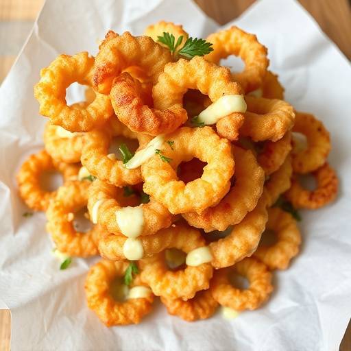 Un plato de Calamares a la Romana, con aros de calamar dorados y crujientes apilados sobre papel absorbente, acompa&ntilde;ados de un cuenco peque&ntilde;o con alioli de lim&oacute;n.
