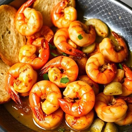 Un plato de Gambas al Ajillo, con gambas rosadas en aceite de oliva burbujeante y rodajas de ajo dorado, servido con rebanadas de pan de cristal tostado.