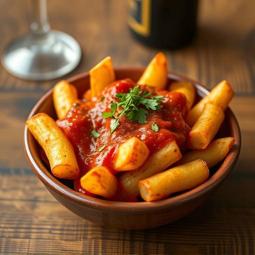 Un plato de Patatas Bravas a la Valenciana, con su caracter&iacute;stica salsa roja y all i oli blanco, servidas en un cuenco de cer&aacute;mica.