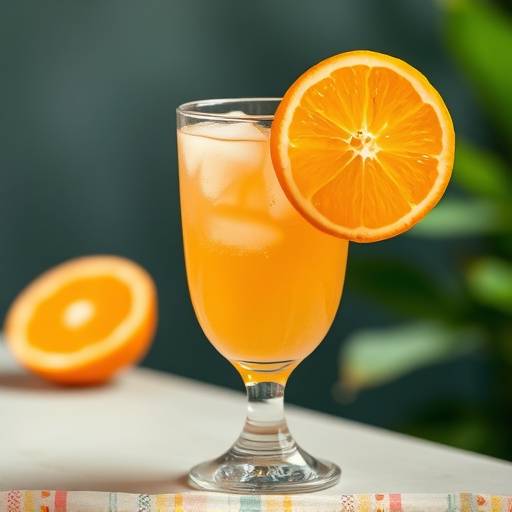 Un vaso alto de Agua de Valencia, con un color anaranjado brillante y una rodaja de naranja como adorno.