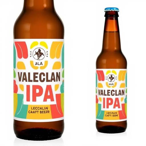 Una botella de Cerveza Artesanal Valenciana IPA con una etiqueta moderna y colorida.