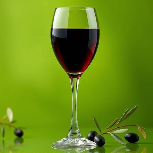 Una copa de vino tinto valenciano, con una tonalidad rub&iacute; oscura, servida en una copa de cristal con una aceituna verde de fondo.