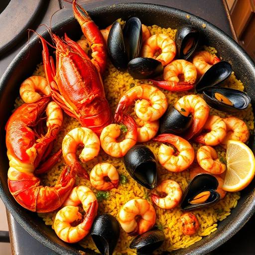 Una paella de marisco con un bogavante entero en el centro, rodeado de gambas, mejillones y calamares, todo sobre arroz dorado.