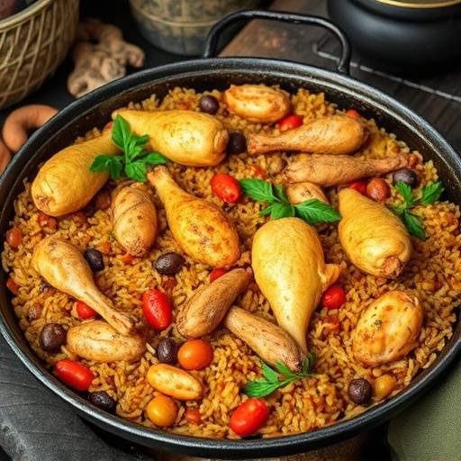Una paella valenciana tradicional con arroz, pollo, conejo, jud&iacute;as verdes y garrof&oacute;, cocinada a la le&ntilde;a.