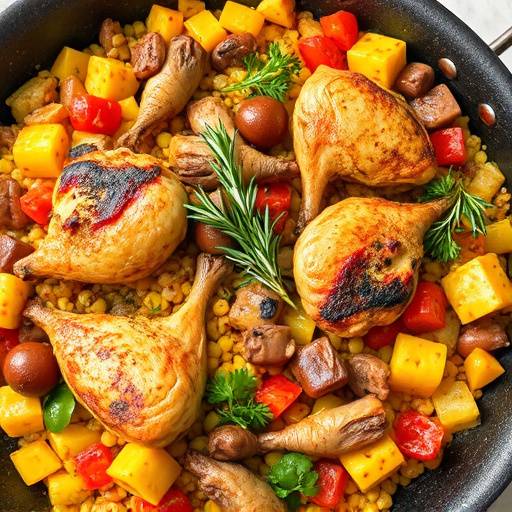 Una paella valenciana tradicional servida en una paellera, con pollo, conejo, verduras y arroz, adornada con ramitas de romero fresco.